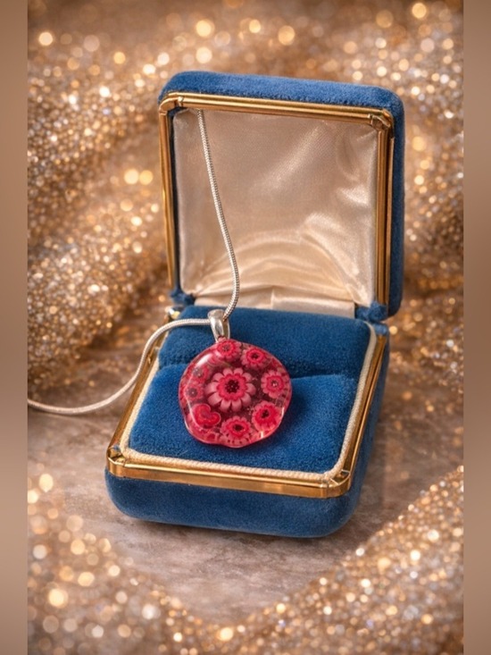 Millefiori Jewelry - 🌸Vintage Magenta Pink Millefiori Blown Glass Pendant Necklace • Floral Statement